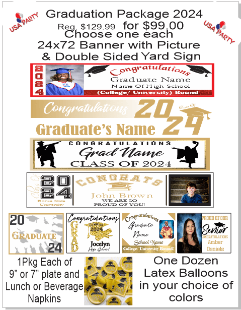 Custom Graduation Packages for any High School, College or University USA Party Store