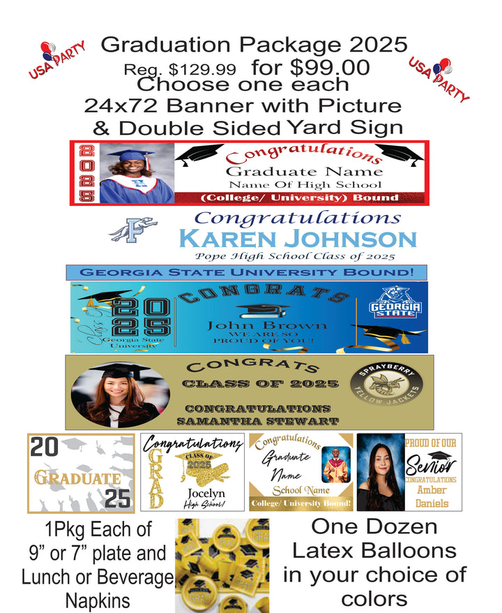 Custom Graduation Packages for any High School, College or University USA Party Store