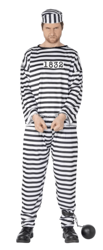 Convict Costume, Black & White, with Shirt, Trousers & Hat USA Party Store