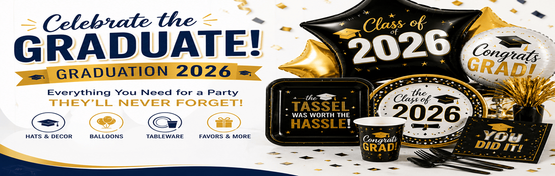 Graduation party supplies with balloons and decorations for Class of 2026, featuring text celebrating the graduate.