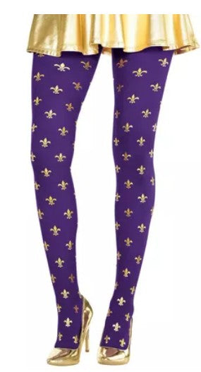 Adult Purple & Gold Fleur-de-Lis Mardi Gras Tights Amscan