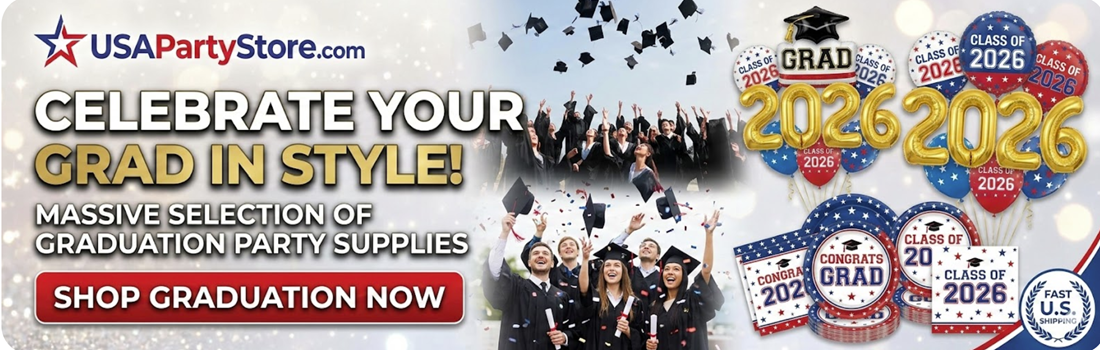 Complete graduation party supplies, decorations, and tableware at USA Party Store