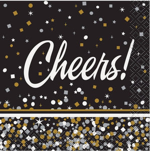 Black & Gold Confetti Cheers Cocktail Napkins, 5in, 16ct