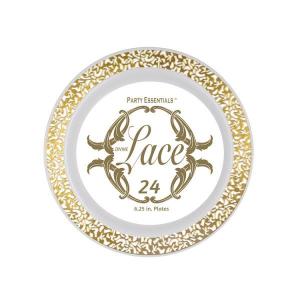 6.25″ LACE PLATES – WHITE W/ GOLD EDGE 24 CT. - USA Party Store