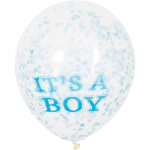 It's A Boy Confetti Balloons, Blue, 12in, 6ct, Clear - USA Party Store