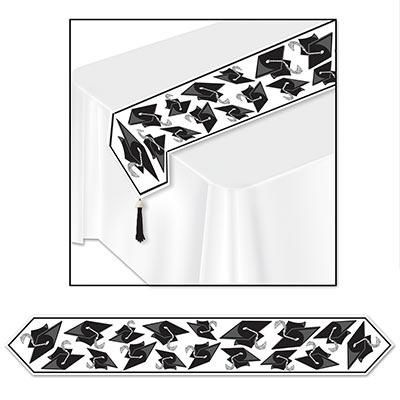 Black and White Printed Grad Cap Table Runner Beistle