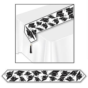 Black and White Printed Grad Cap Table Runner - USA Party Store