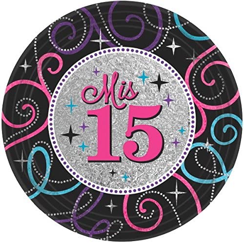 Quinceanera Luncheon paper Plates (8 Pack), Black/Gray, 9". USA Party Store