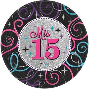 Quinceanera Luncheon paper Plates (8 Pack), Black/Gray, 9". - USA Party Store