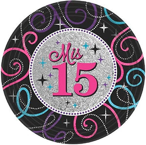 Quinceanera Dessert paper Plates - (8 Pack), Black/Gray, 7". - USA Party Store