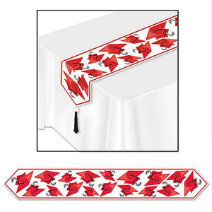 Red and White Printed Grad Cap Table Runner - USA Party Store