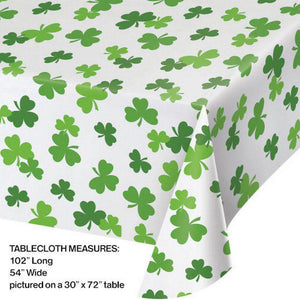 Add our Shamrock Rectangle Plastic Tablecover to your lucky parties. Each tablecover features a white background with an all over green shamrock design. Measures 54" wide x 102" long